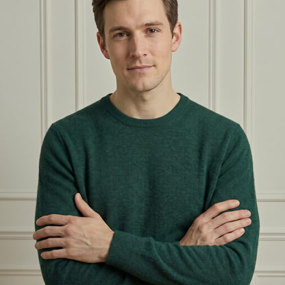 Pine men's 100% cashmere crewneck sweater - front view, close crop