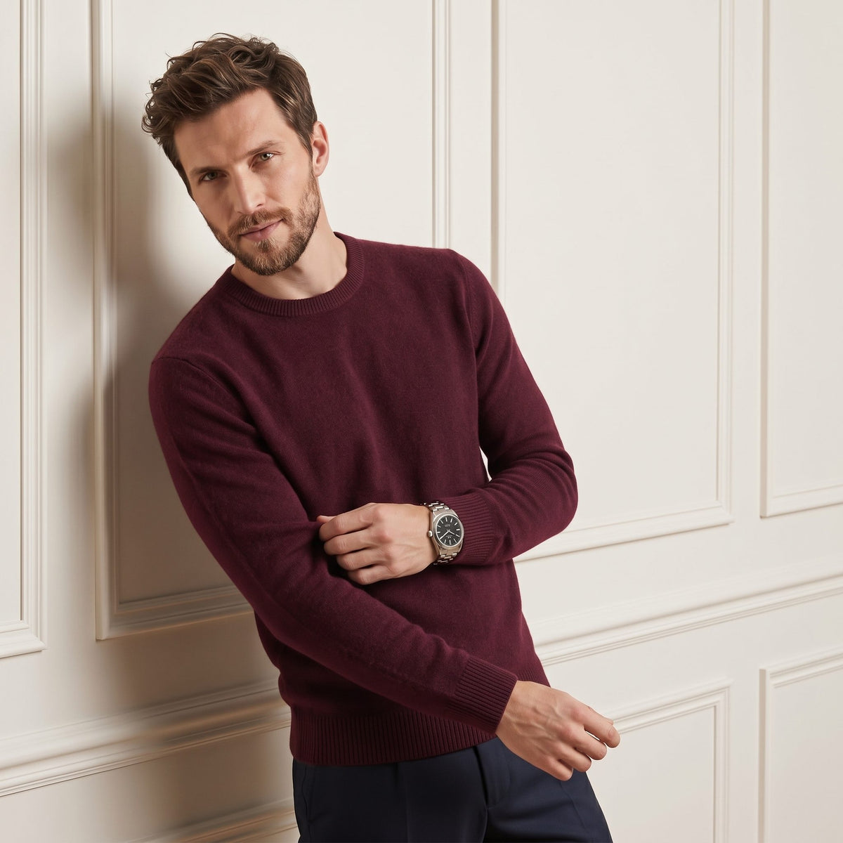 Wine Red men's 100% cashmere crewneck sweater - three-quarter front view on model
