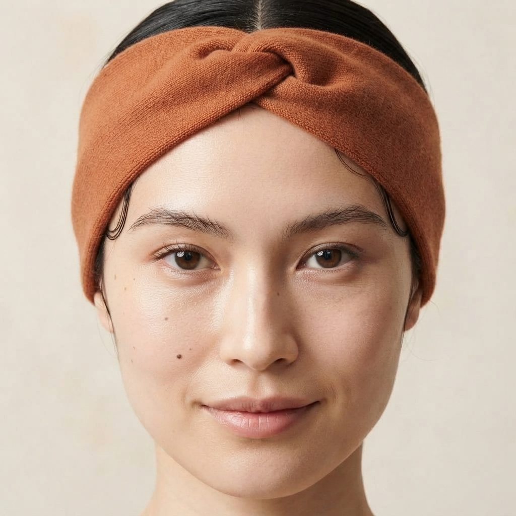 Gomba twisted-front cashmere headband in Amber, worn, view 4