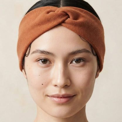 Gomba twisted-front cashmere headband in Amber, worn, view 4