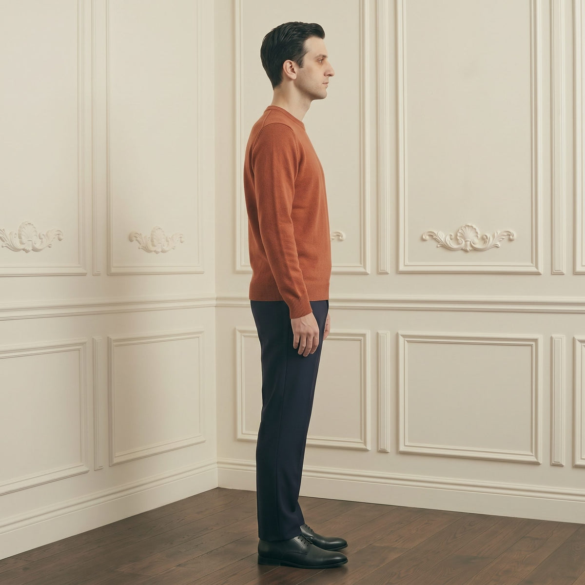 Amber men's 100% cashmere crewneck sweater - side profile on model