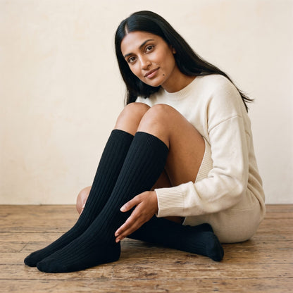 Black women's 100% cashmere knee-high socks - worn by a model, view 2