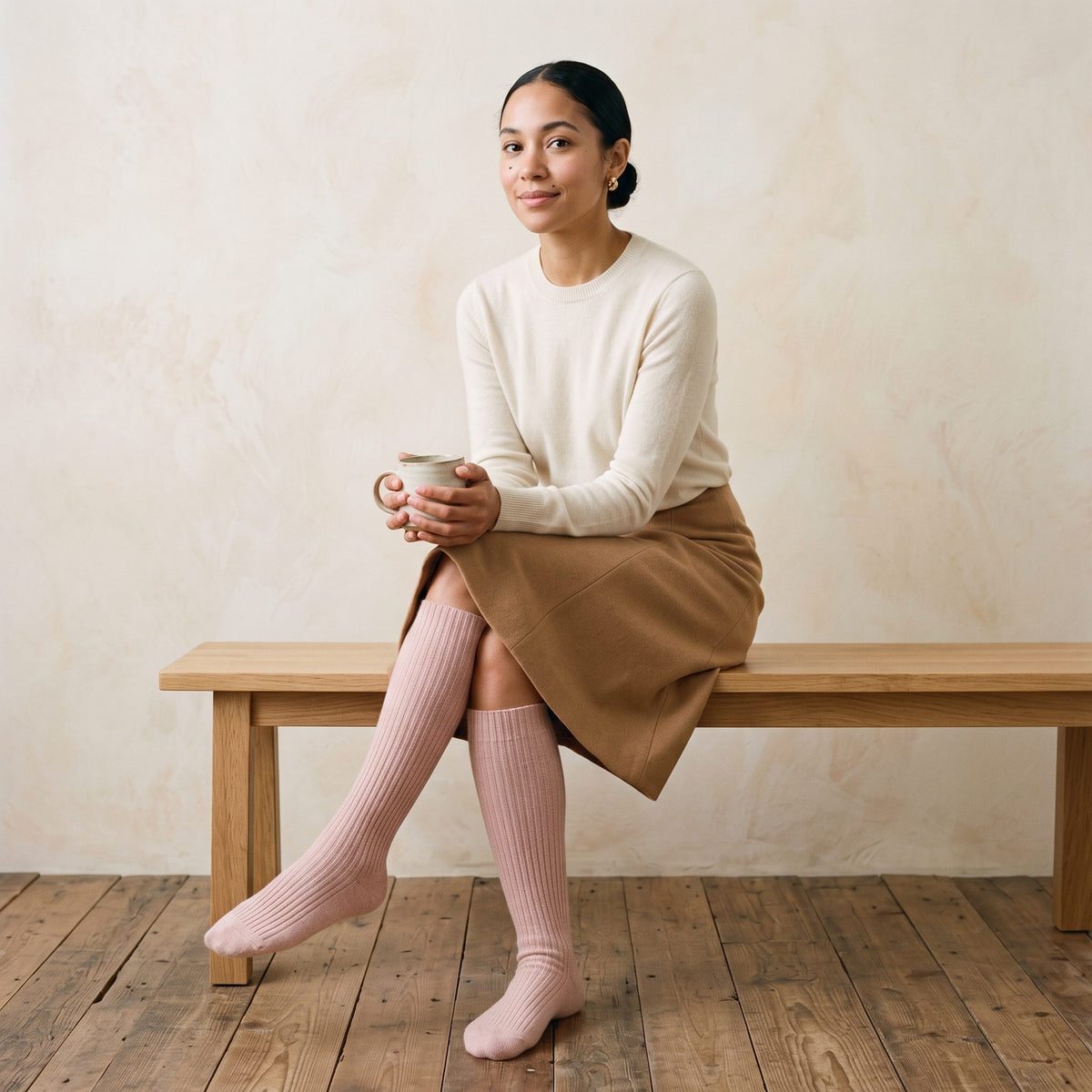 Blush Pink women's 100% cashmere knee-high socks - worn by a model, view 2
