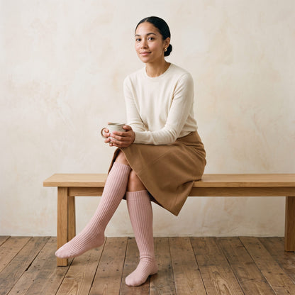 Blush Pink women's 100% cashmere knee-high socks - worn by a model, view 2