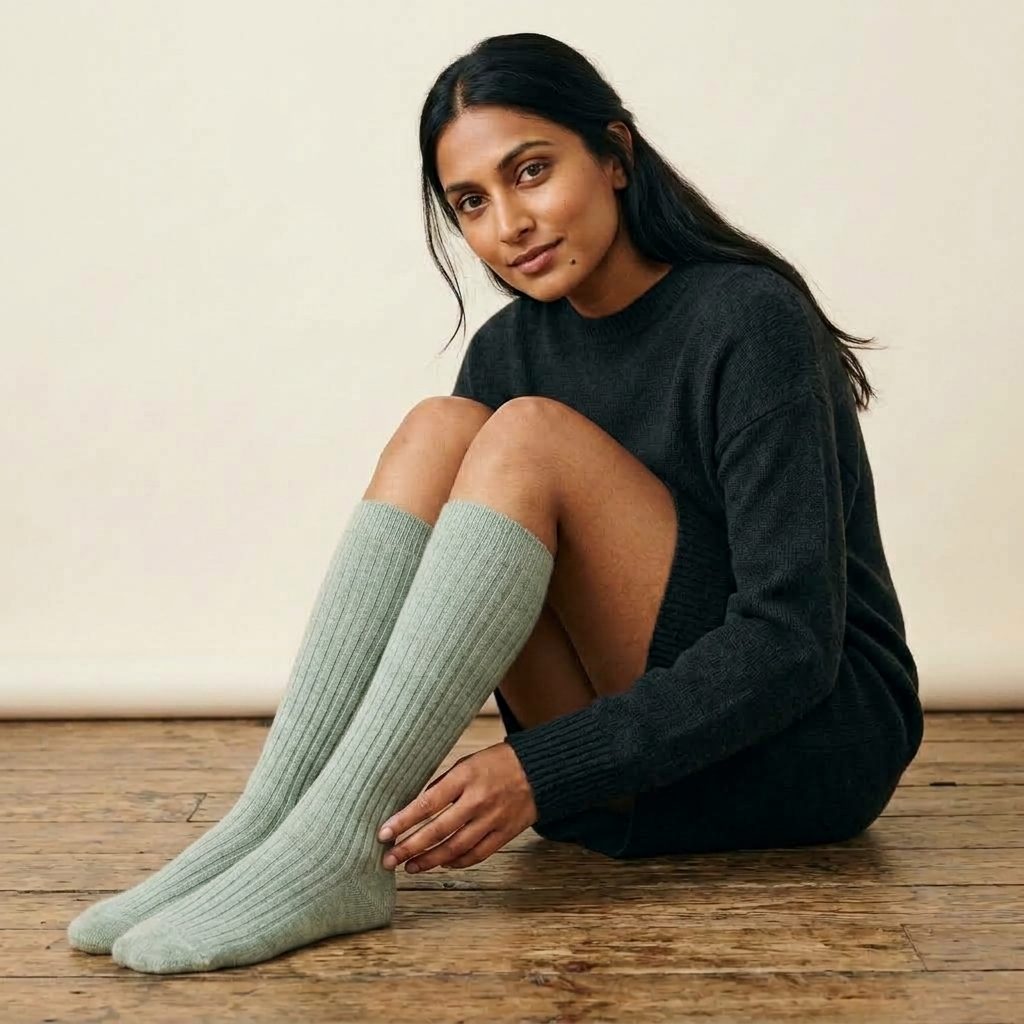 Heathered Jade women's 100% cashmere knee-high socks - worn by a model, view 2
