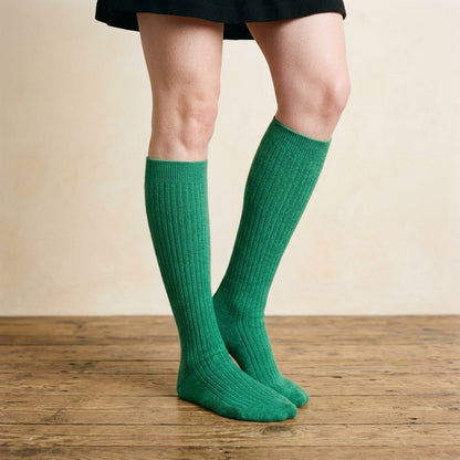 Kelly Green women's 100% cashmere knee-high socks - worn by a model, view 2