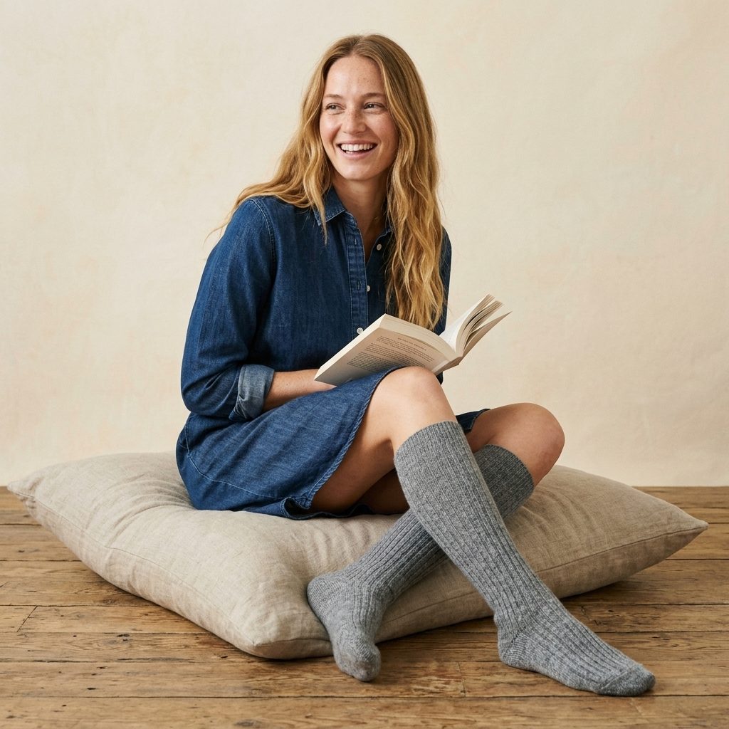 Mid Grey Melange women's undyed cashmere knee-high socks - worn by a model, view 1