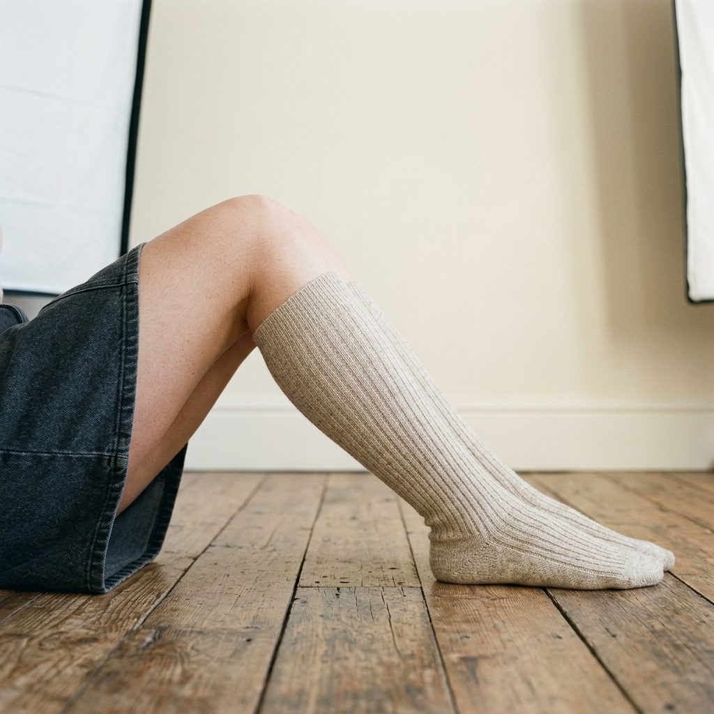 Oatmeal Melange women's undyed cashmere knee-high socks - worn by a model, view 1