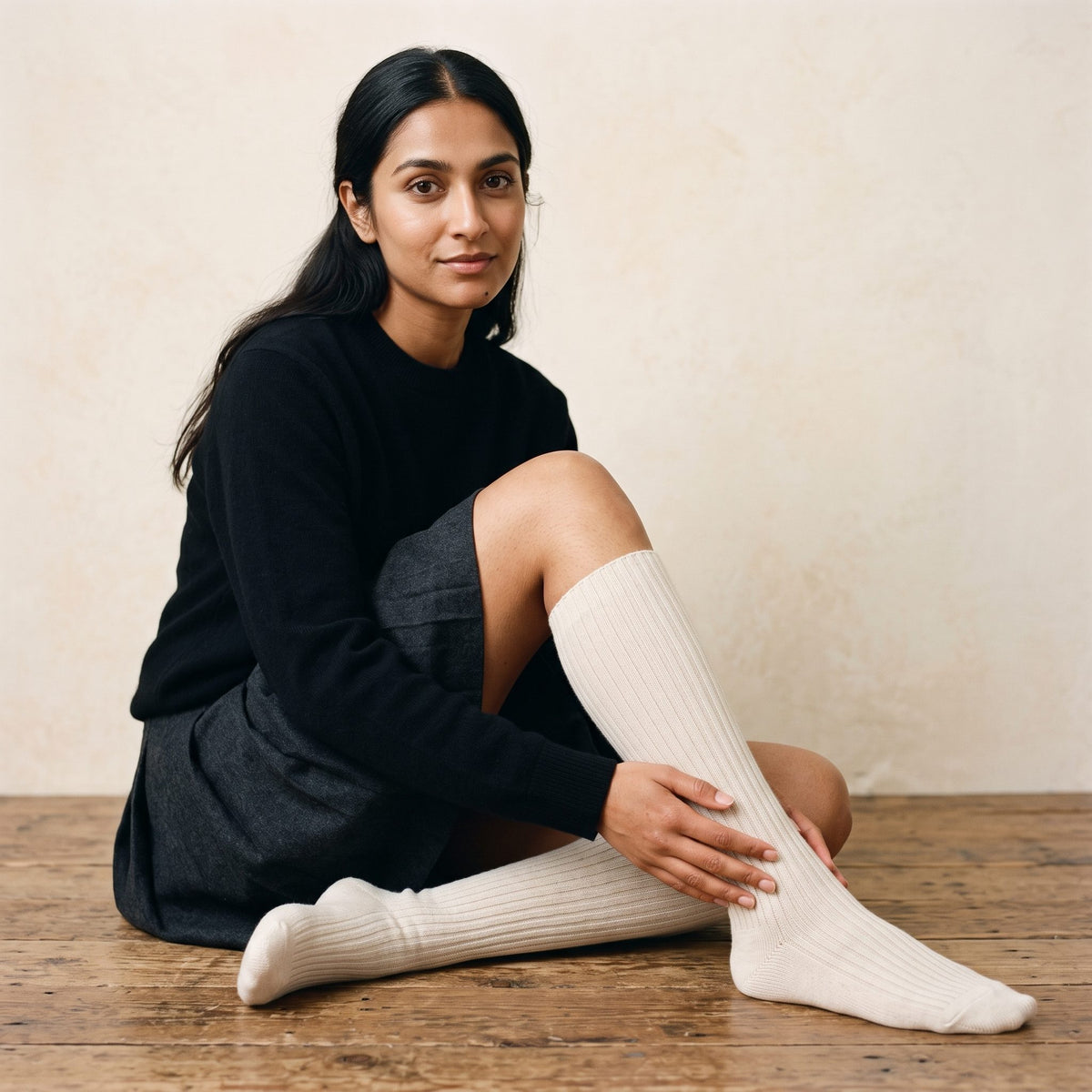 Off-White women's 100% cashmere knee-high socks - worn by a model, view 2
