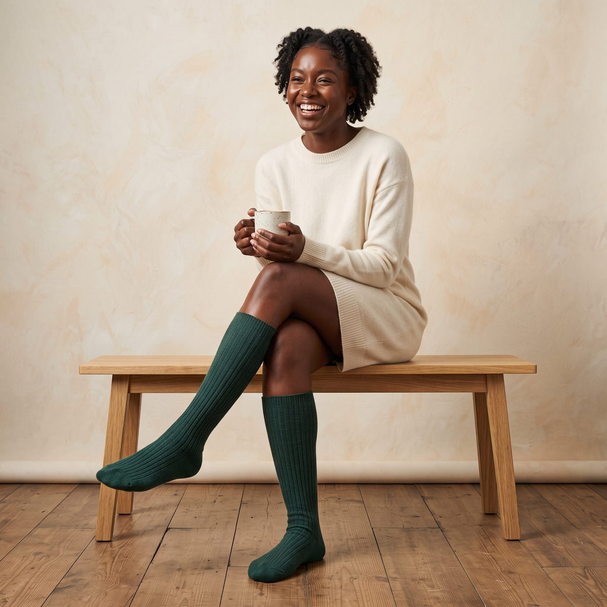 Pine women's 100% cashmere knee-high socks - worn by a model, view 2