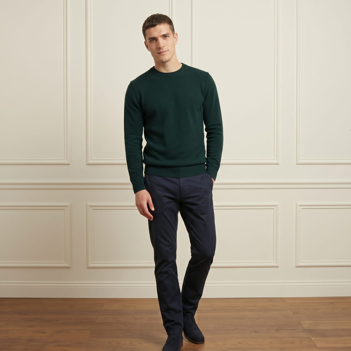 Pine men's 100% cashmere crewneck sweater - full length front view on model
