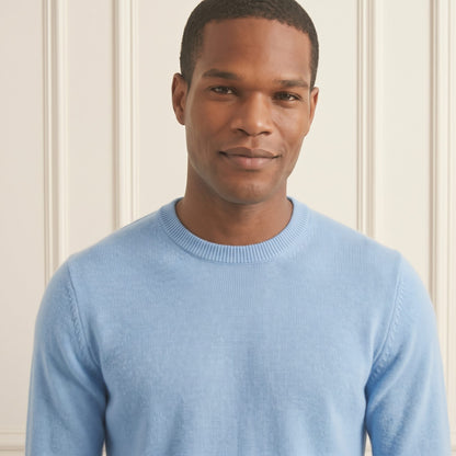 Sky blue men's 100% cashmere crewneck sweater - front view, close crop