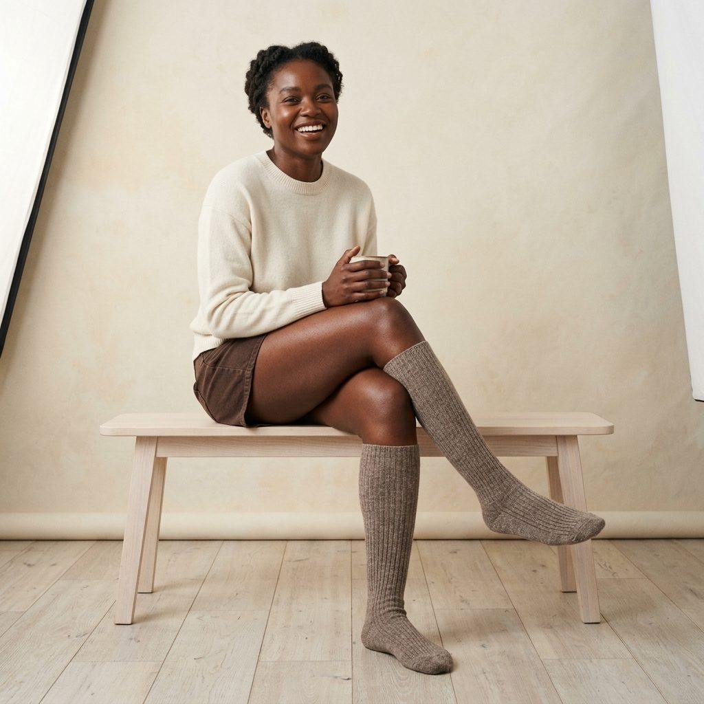 Toast Melange women's undyed cashmere knee-high socks - worn by a model, view 1