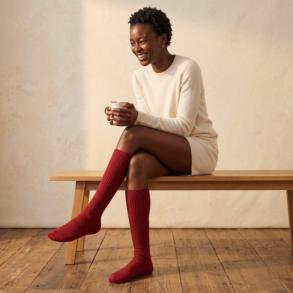 Wine Red women's 100% cashmere knee-high socks - worn by a model, view 2