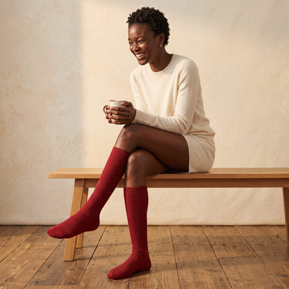 Wine Red women's 100% cashmere knee-high socks - worn by a model, view 2