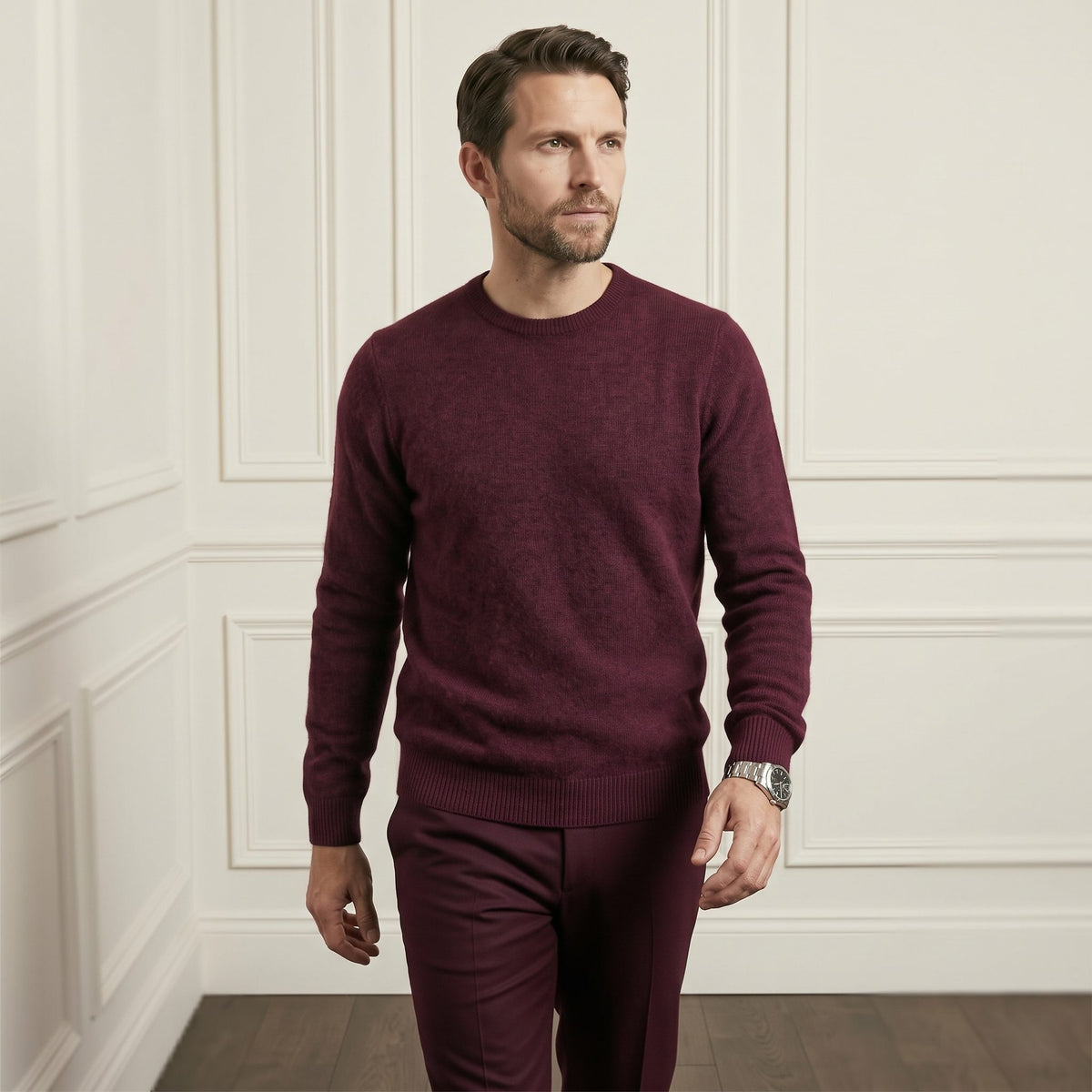 Wine Red men's 100% cashmere crewneck sweater - front view, walking