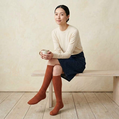 Amber women's 100% cashmere knee-high socks - worn by a model, view 3