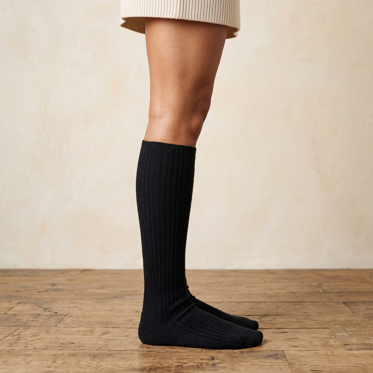 Black women's 100% cashmere knee-high socks - worn by a model, view 3