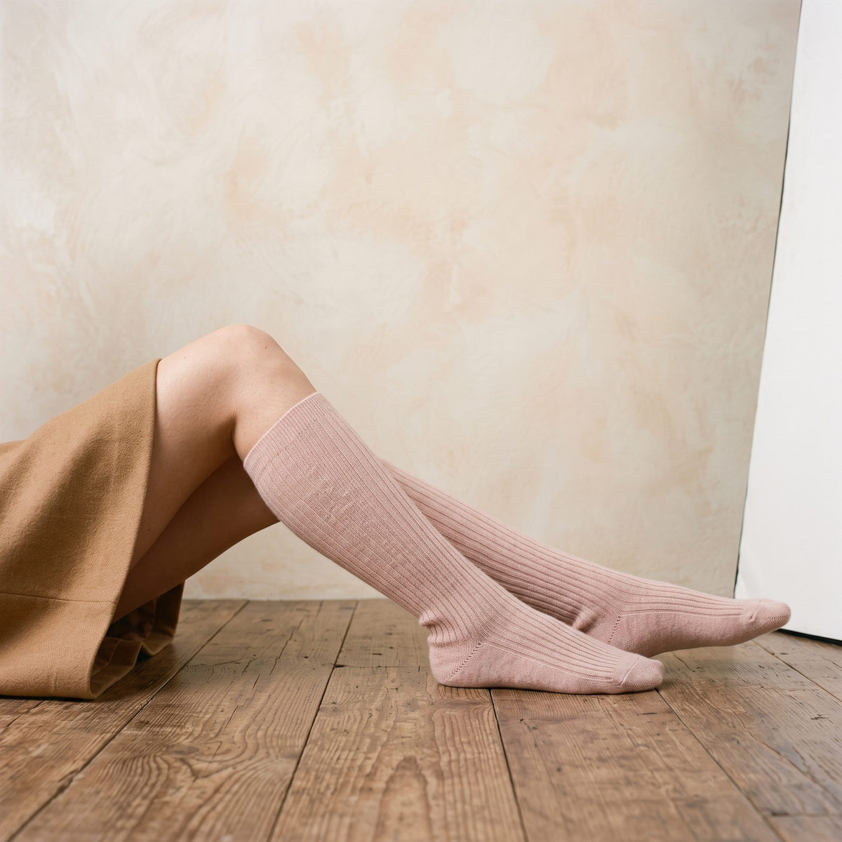 Blush Pink women's 100% cashmere knee-high socks - worn by a model, view 3