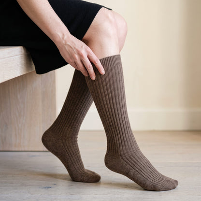 Brown women's 100% cashmere knee-high socks - worn by a model, view 3