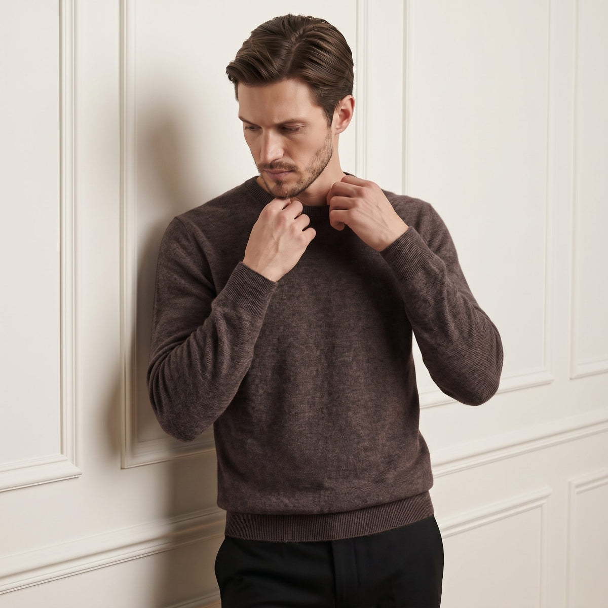 Brown men's 100% cashmere crewneck sweater - crew neckline detail on model