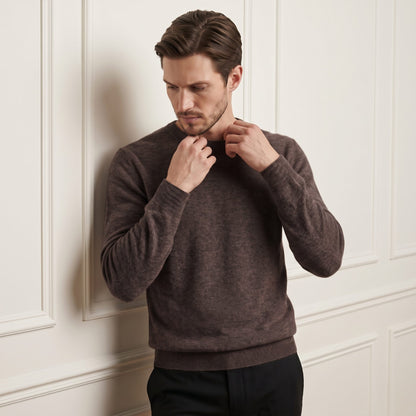 Brown men's 100% cashmere crewneck sweater - crew neckline detail on model