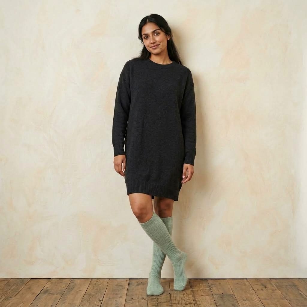 Heathered Jade women's 100% cashmere knee-high socks - worn by a model, view 3