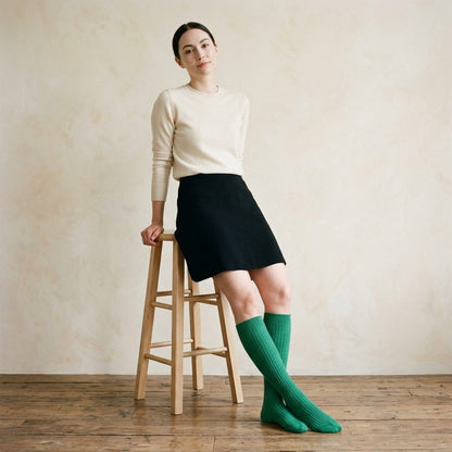 Kelly Green women's 100% cashmere knee-high socks - worn by a model, view 3