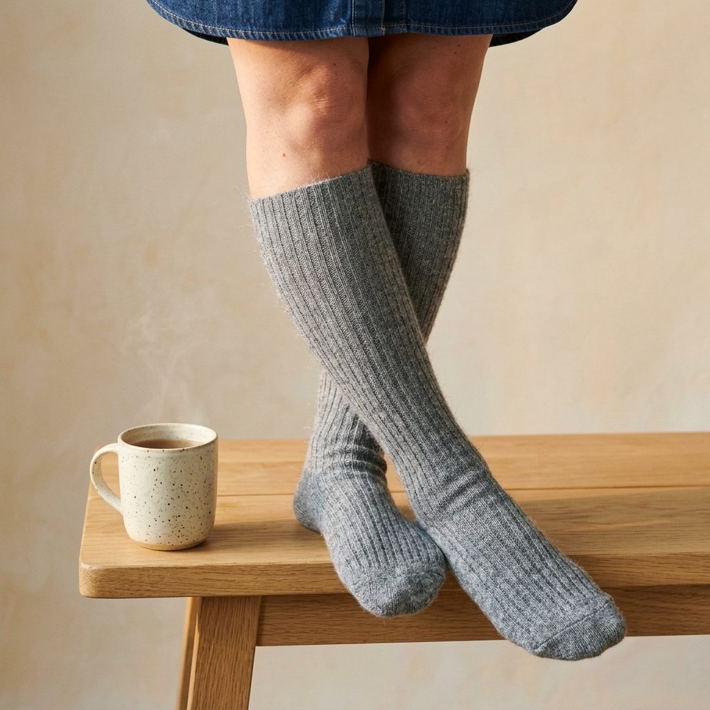 Mid Grey Melange women's undyed cashmere knee-high socks - worn by a model, view 2