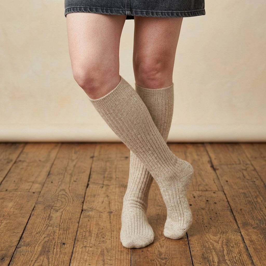 Oatmeal Melange women's undyed cashmere knee-high socks - worn by a model, view 2