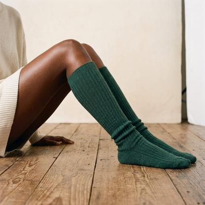 Pine women's 100% cashmere knee-high socks - worn by a model, view 3