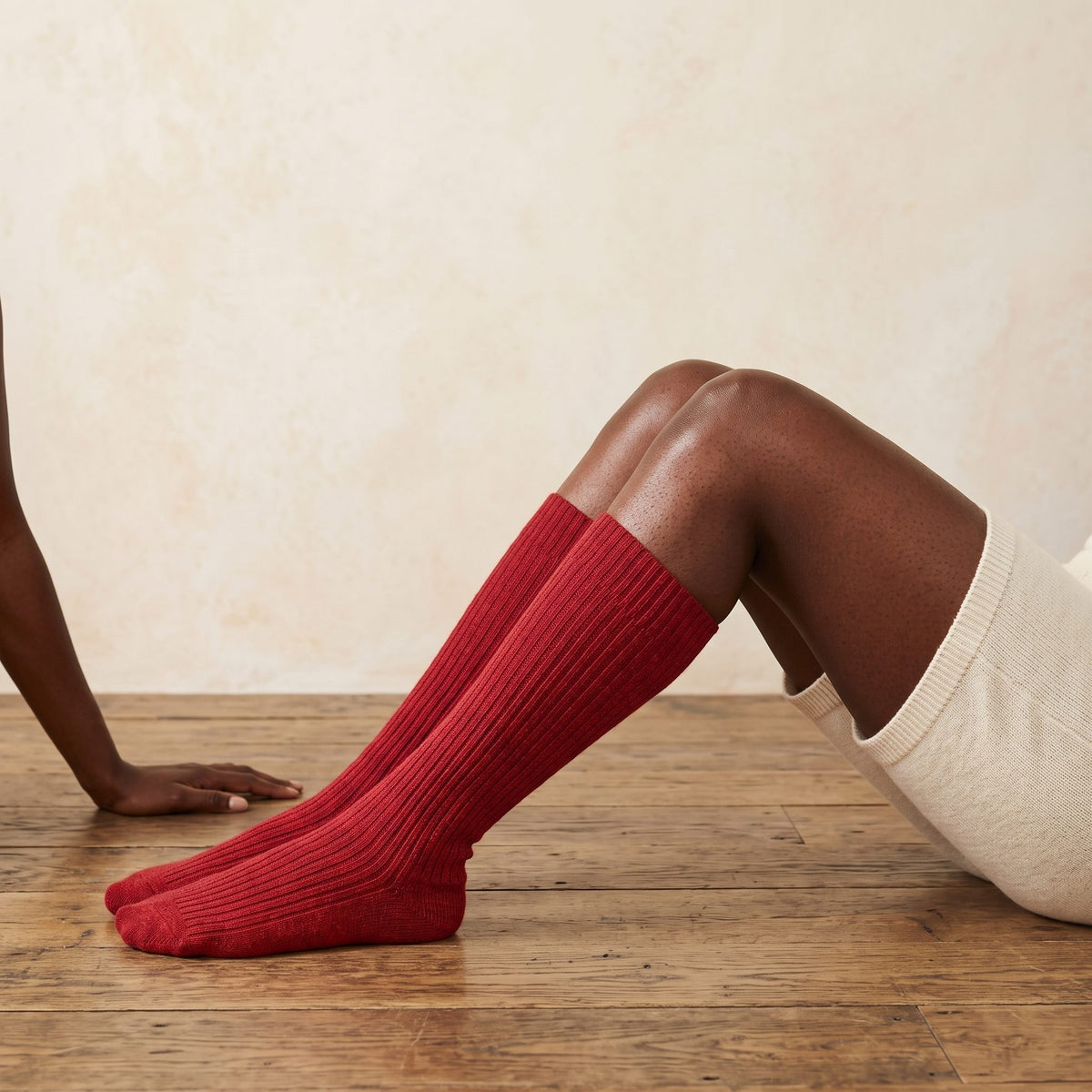 Wine Red women's 100% cashmere knee-high socks - worn by a model, view 3