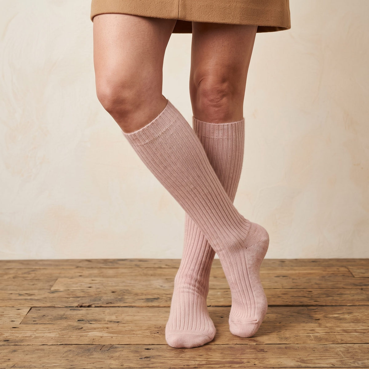 Blush Pink women's 100% cashmere knee-high socks - worn by a model, view 4