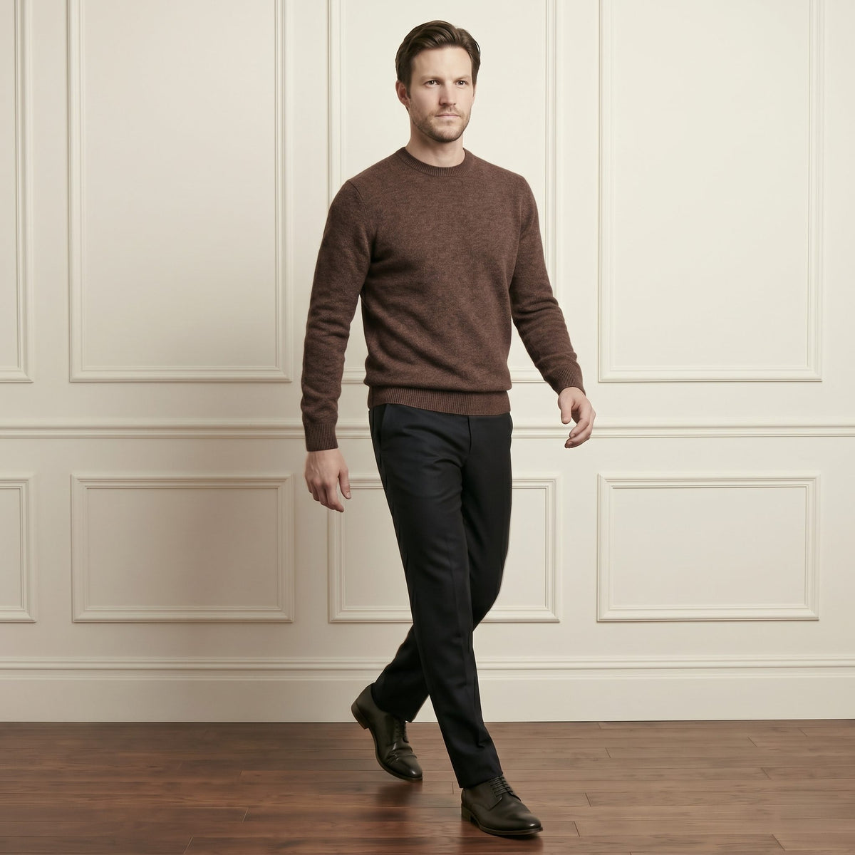 Brown men's 100% cashmere crewneck sweater - side view, walking