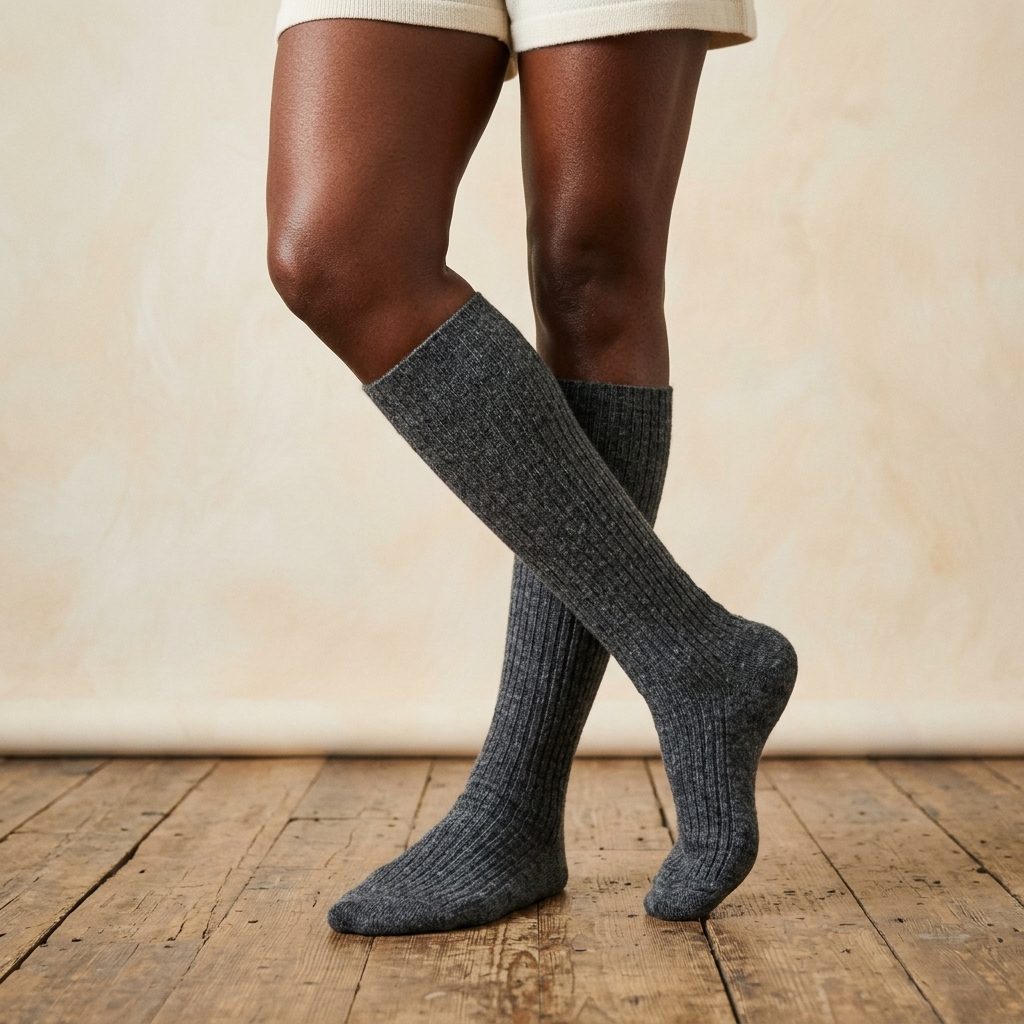 Dark Grey Melange women's undyed cashmere knee-high socks - worn by a model, view 3
