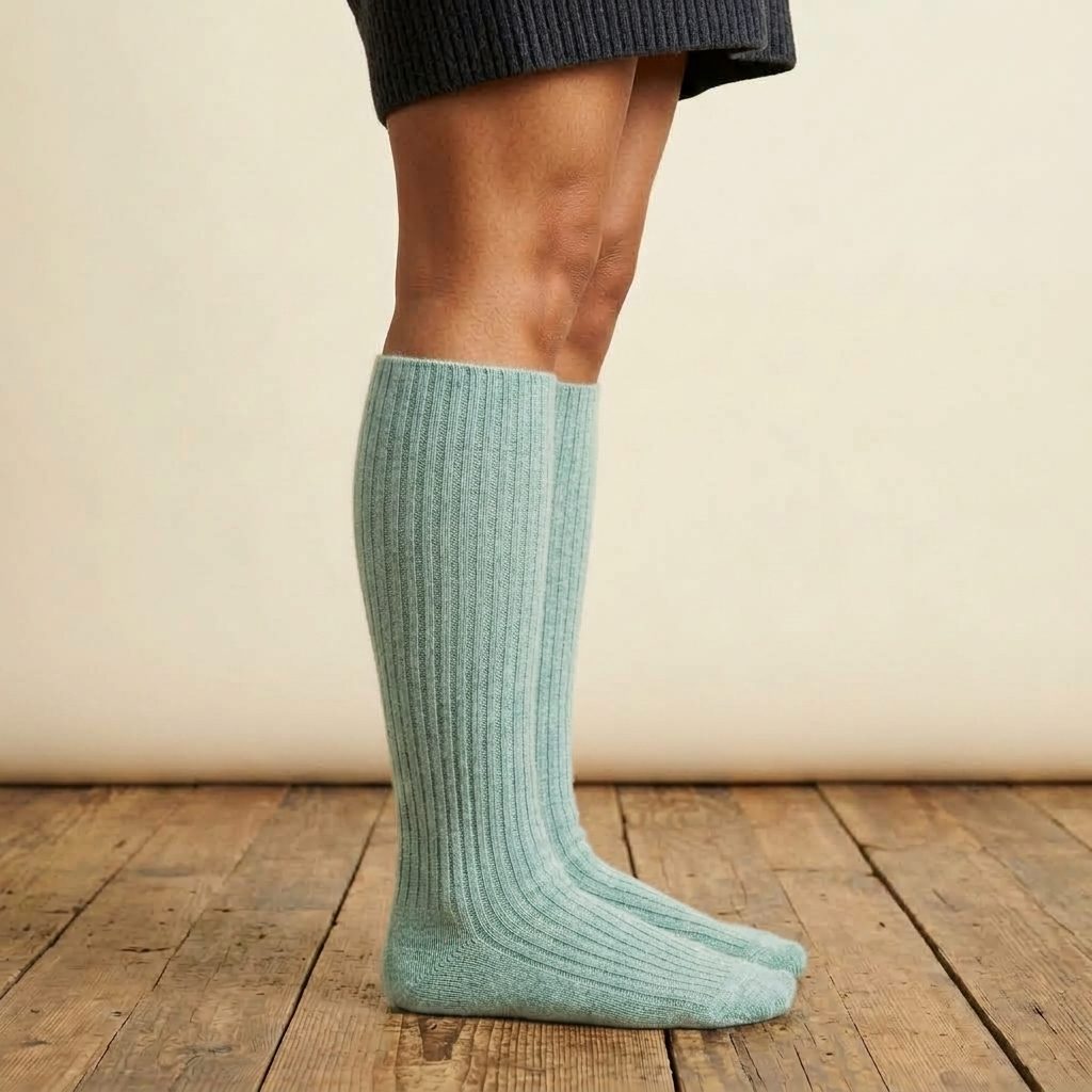 Heathered Jade women's 100% cashmere knee-high socks - worn by a model, view 4