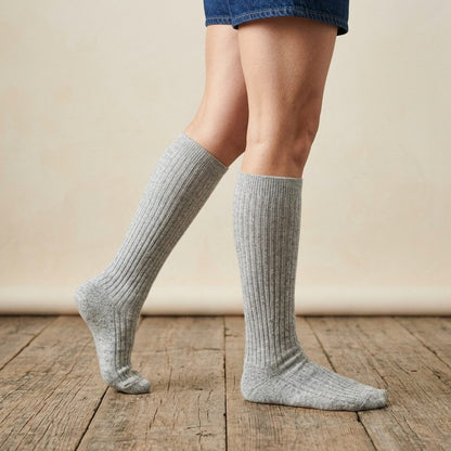 Light Grey Melange women's undyed cashmere knee-high socks - worn by a model, view 3