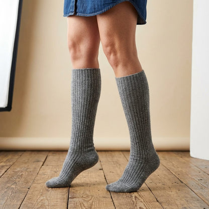 Mid Grey Melange women's undyed cashmere knee-high socks - worn by a model, view 3