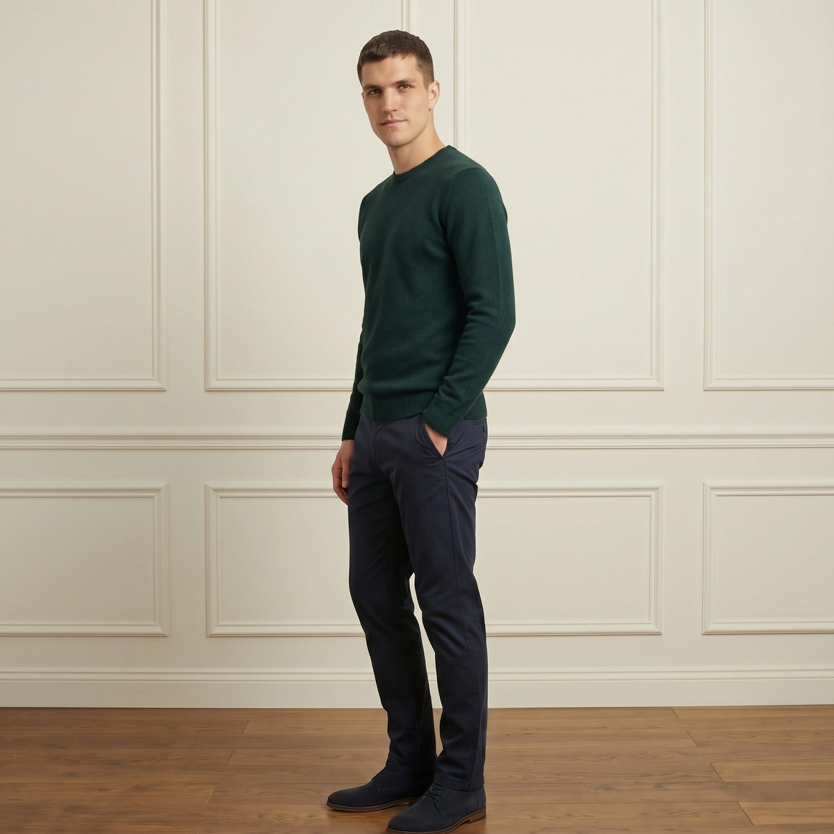 Pine men's 100% cashmere crewneck sweater - side profile on model