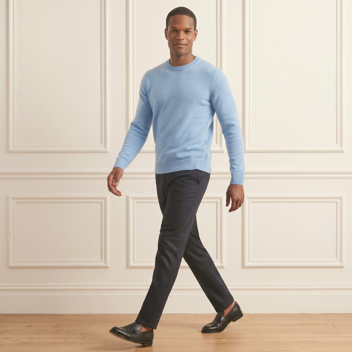 Sky blue men's 100% cashmere crewneck sweater - side view, walking