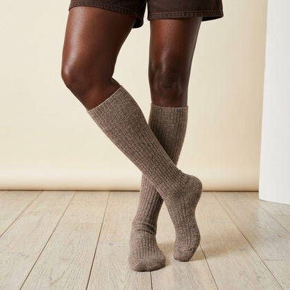 Toast Melange women's undyed cashmere knee-high socks - worn by a model, view 3