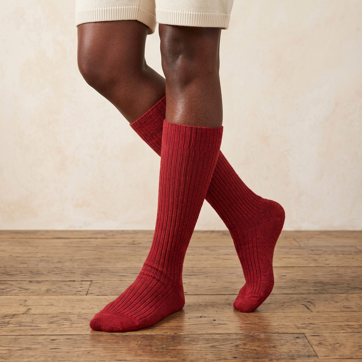 Wine Red women's 100% cashmere knee-high socks - worn by a model, view 4