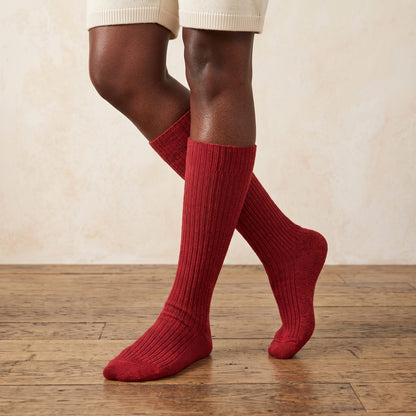 Wine Red women's 100% cashmere knee-high socks - worn by a model, view 4
