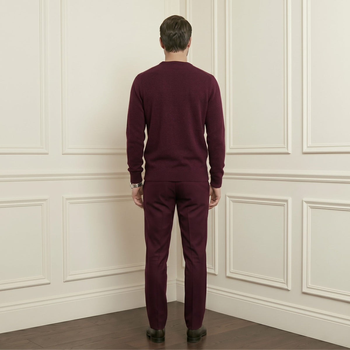 Wine Red men's 100% cashmere crewneck sweater - back view on model
