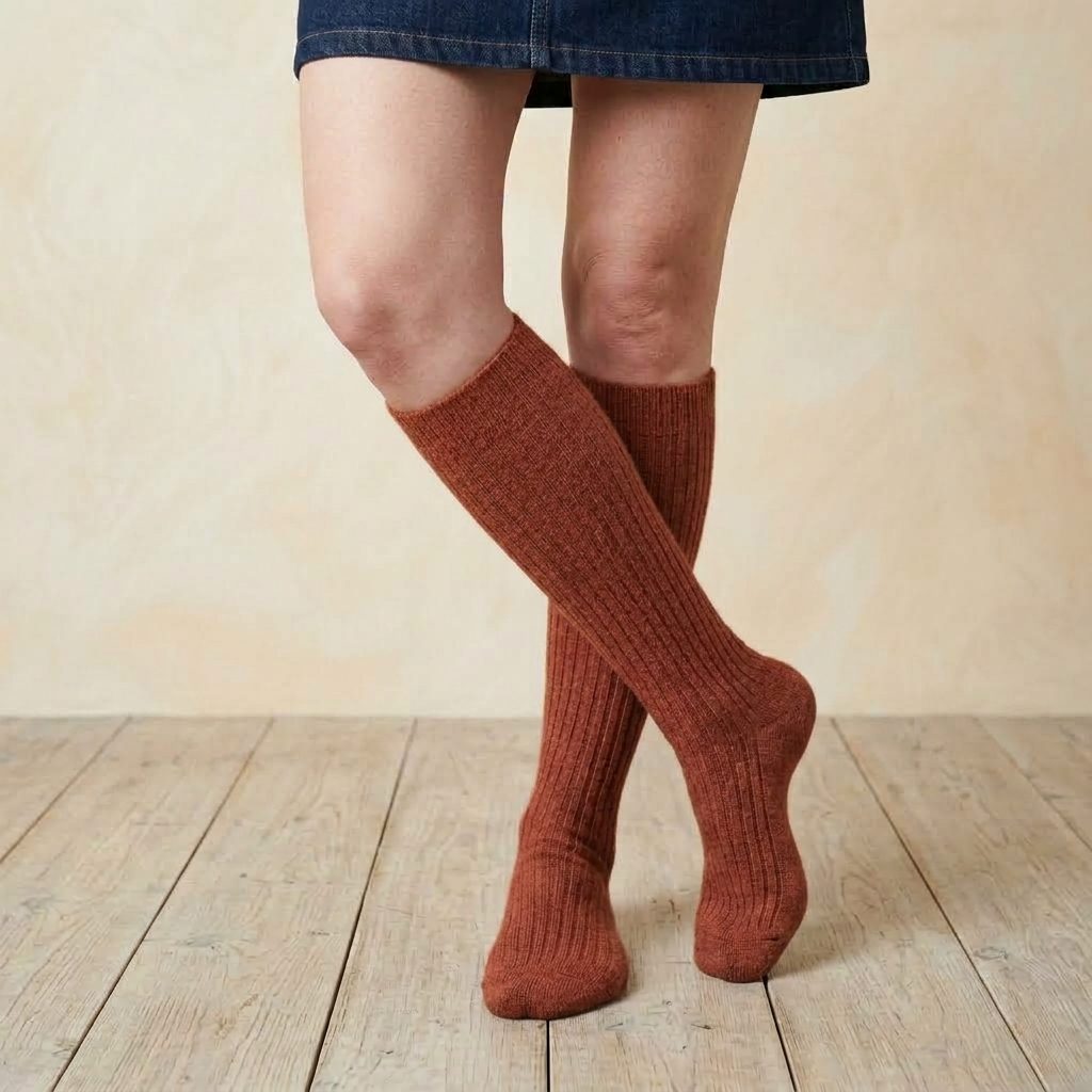 Amber women's 100% cashmere knee-high socks - worn by a model, view 5