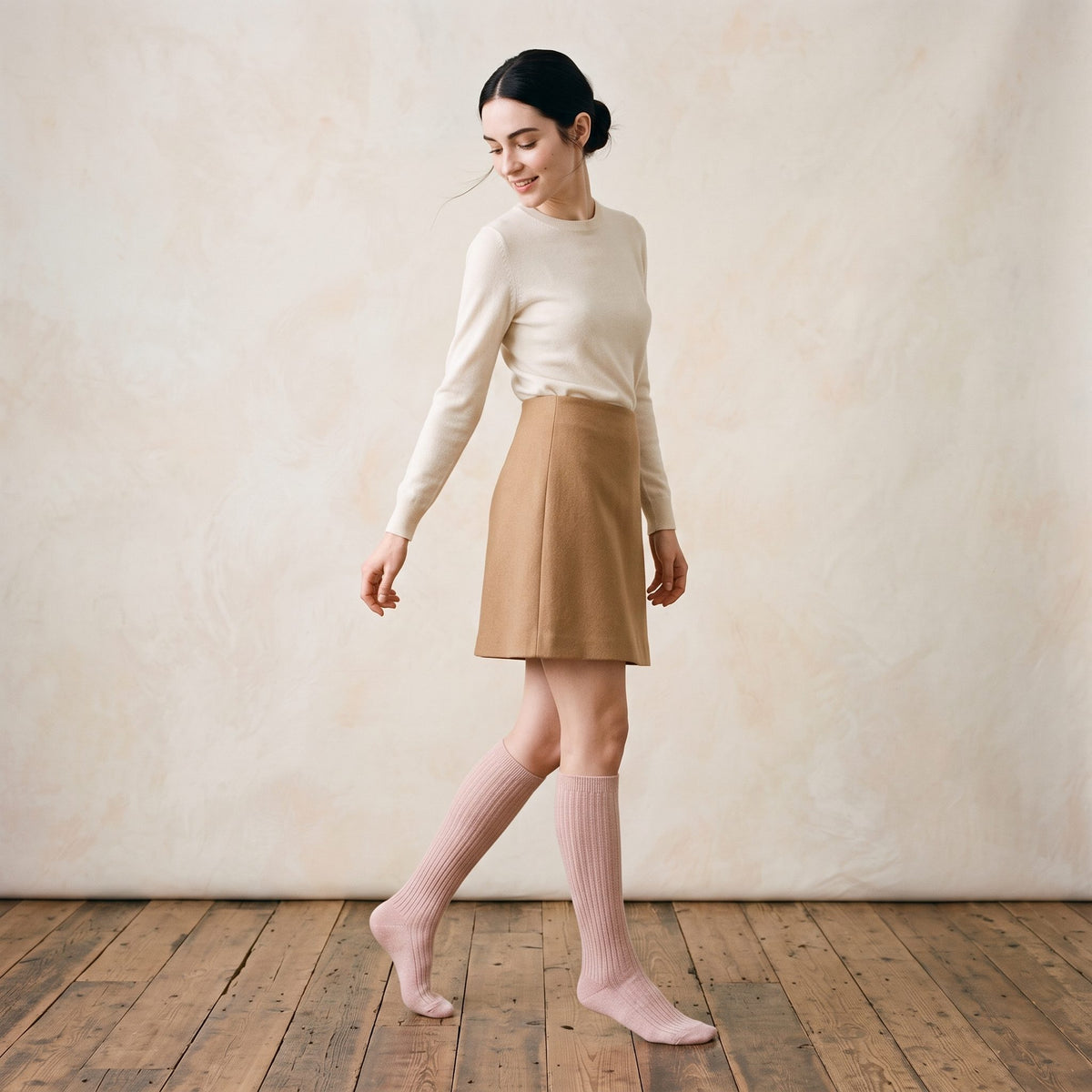 Blush Pink women's 100% cashmere knee-high socks - worn by a model, view 5