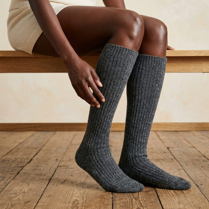 Dark Grey Melange women's undyed cashmere knee-high socks - worn by a model, view 4