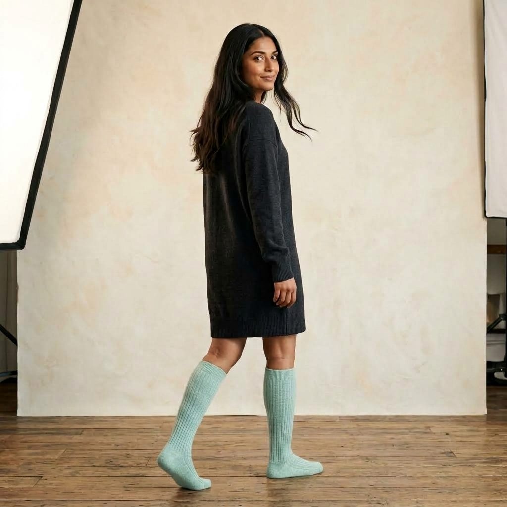 Heathered Jade women's 100% cashmere knee-high socks - worn by a model, view 5