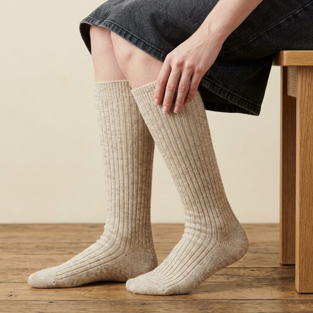 Oatmeal Melange women's undyed cashmere knee-high socks - worn by a model, view 4