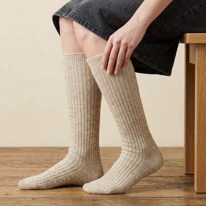 Oatmeal Melange women's undyed cashmere knee-high socks - worn by a model, view 4